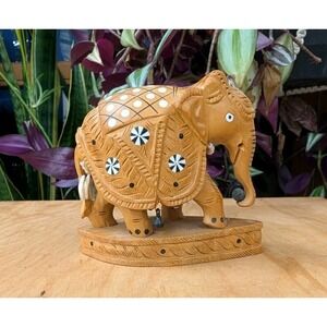 Vintage Carved Wood Elephant on Base Tusks 4" Height